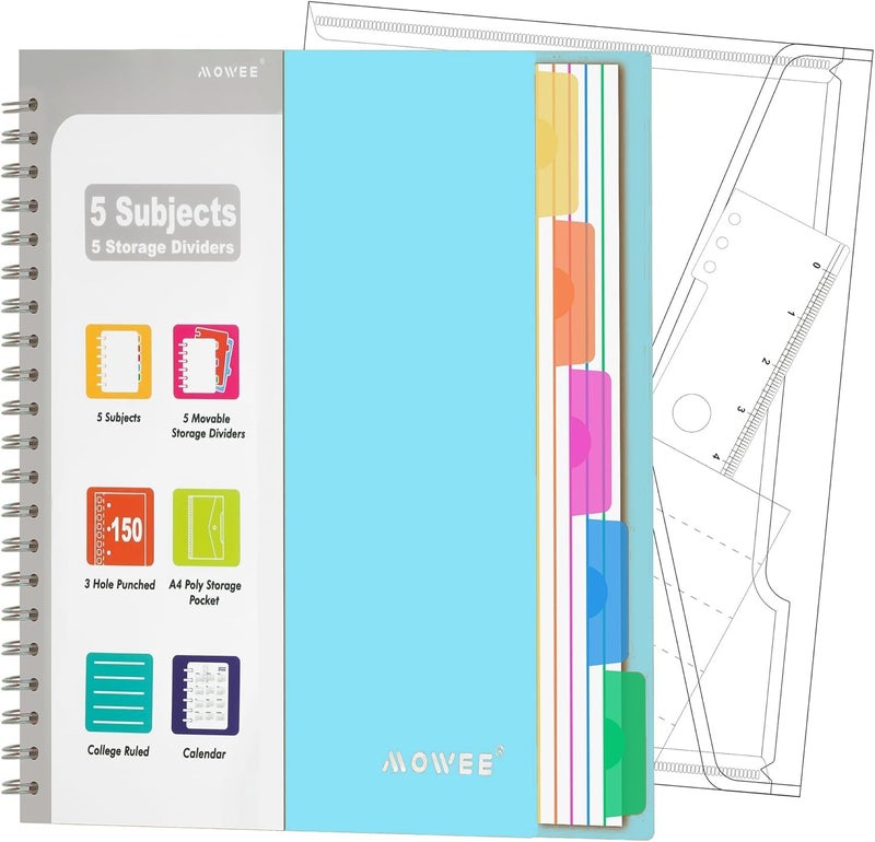 MOWEE 5 Subject Notebook - Spiral Notebook, College Ruled Notebook with Dividers Pocket, Tabs, 11" Ruler, 300 Pages, for Writing Journal, Home & Office, School Supplies (8.5 * 11Babyblue) - Image 1